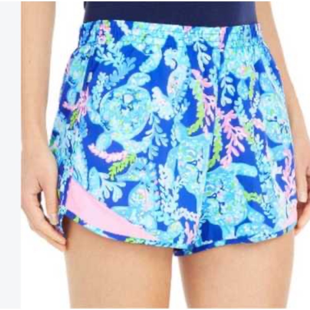 Lilly Pulitzer Luxletic Ocean Trail Coral Print Running Shorts Blue Pink 001485